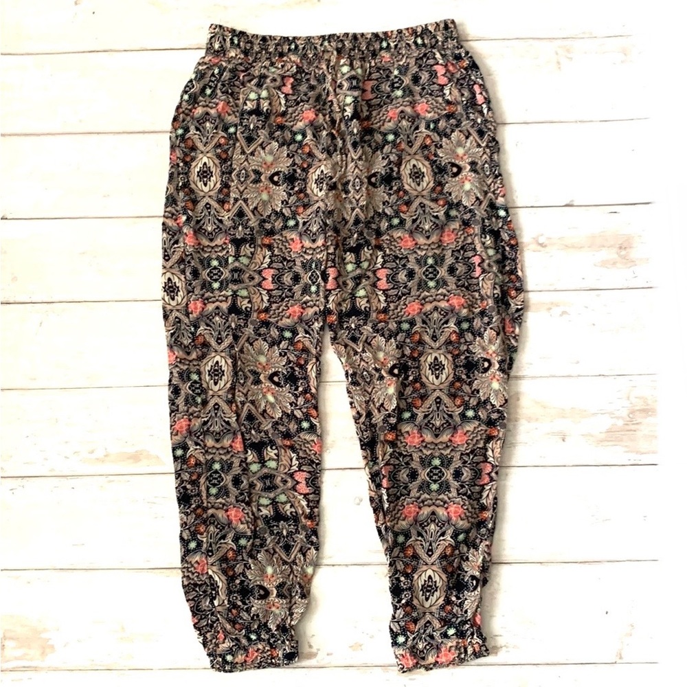 Women’s S/M Floral Print Harem Pants Joggers Navy Blue Mauve Color Size Small